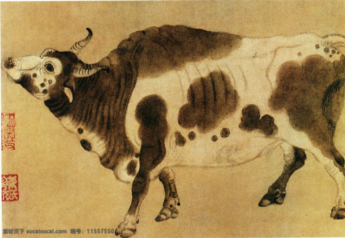 五牛图d 花鸟画 中国 古画 中国古画 设计素材 动物画篇 古典藏画 书画美术 黄色