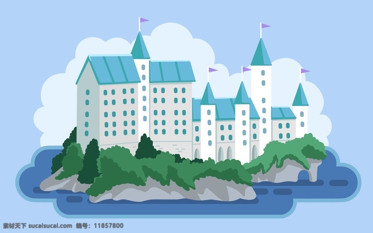 湖上 蓝色 童话 城堡 配图 建筑 扁平化 动画 分层清晰 欧式 湖 小岛 梦幻 唯美 风景 场景 海景