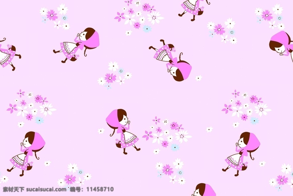 儿童服装 卡通 花篮 女孩 印花 循环 图 儿童 服装 满印 粉色 花朵 循环图 印花循环图