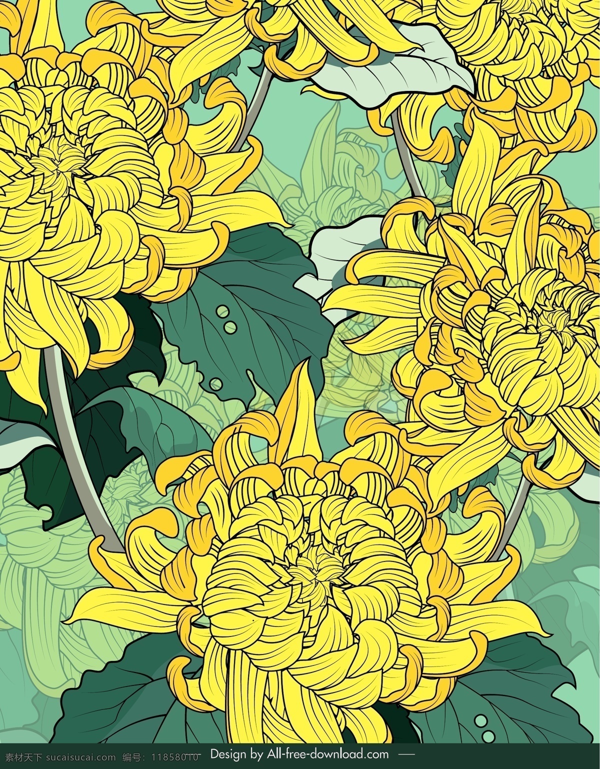 彩绘 黄色 盛开 菊花 矢量 彩绘黄色 矢量素材 背景 花卉 工笔 文化艺术 传统文化