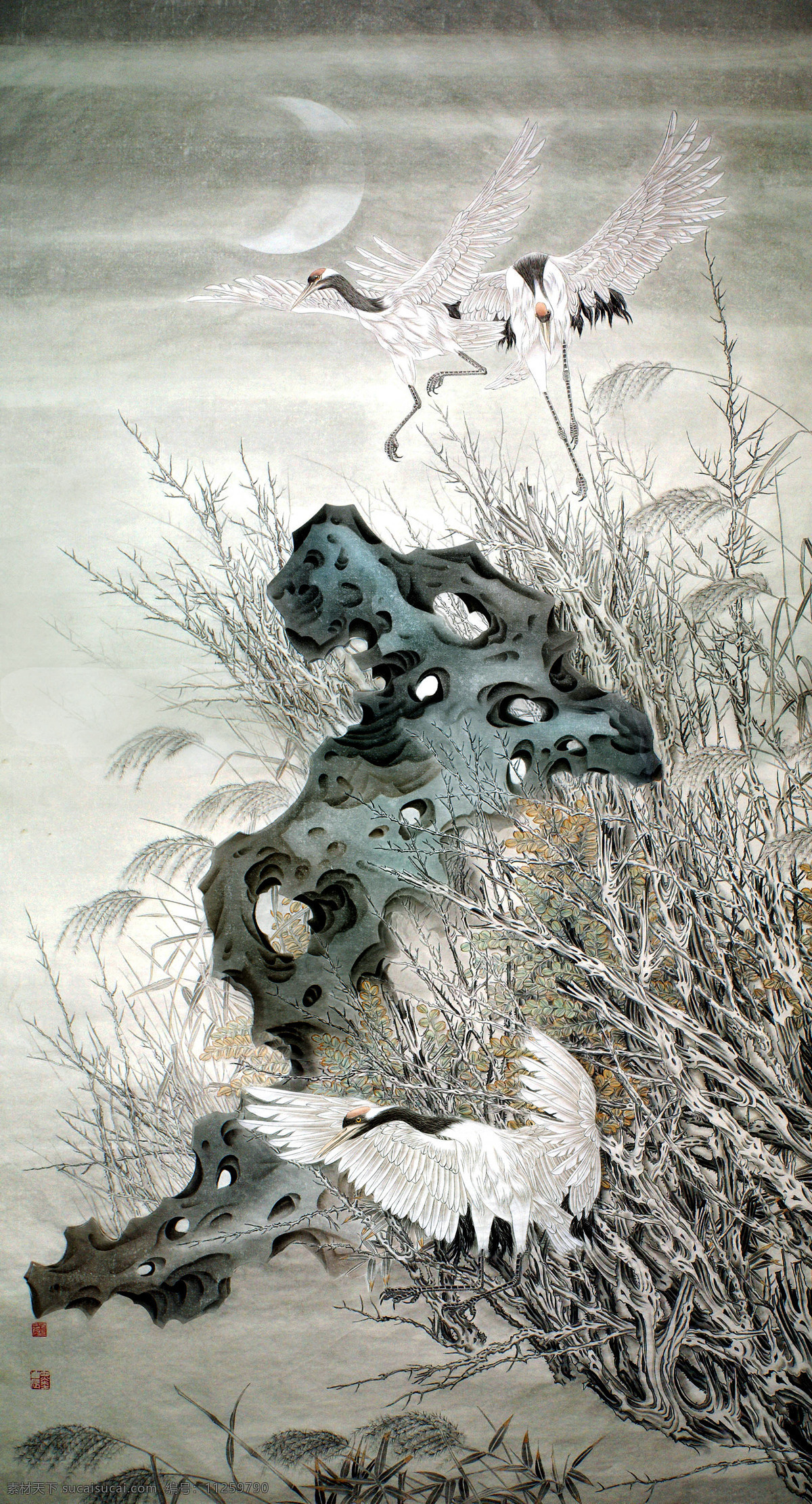 鹤鸣九皋 声闻 野 美术 绘画 中国画 工笔重彩画 花鸟画 树木 丹顶鹤 野地 月夜 国画艺术 国画集61 绘画书法 文化艺术