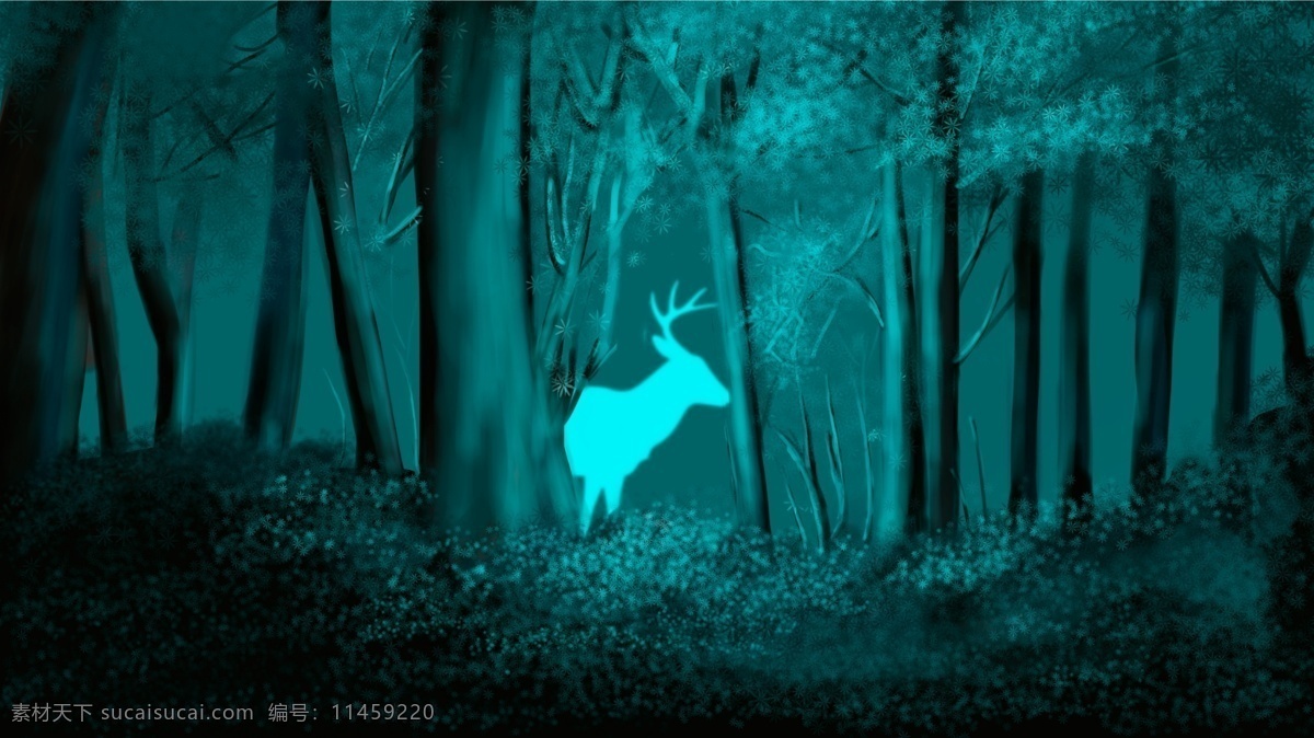 治愈 系 森林 鹿 插画 树林 麋鹿 草地 治愈系 绿光 夜光