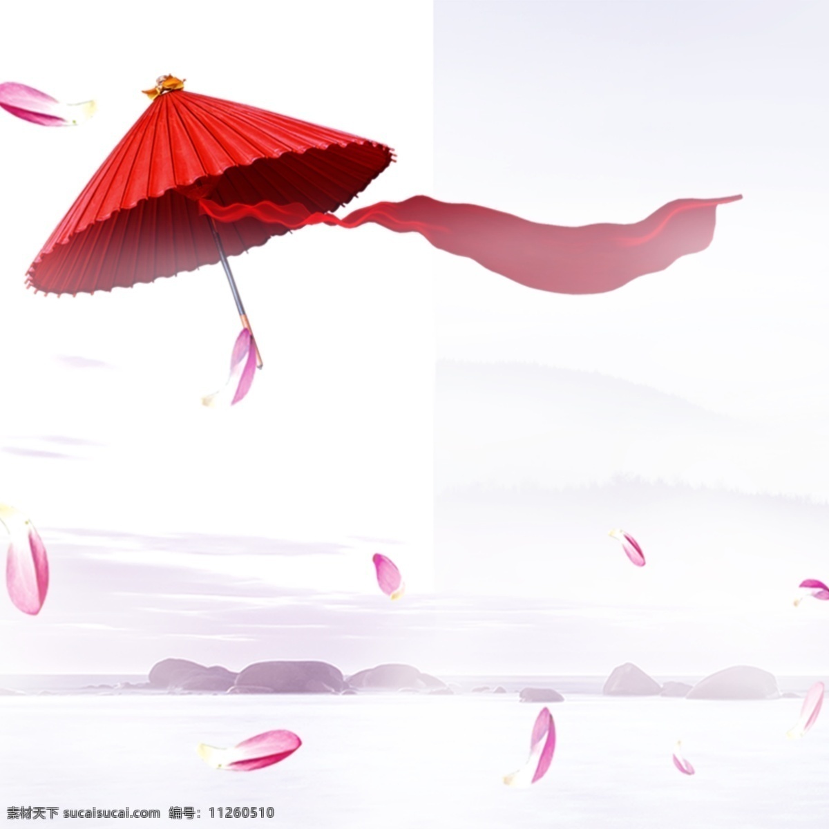 浪漫 梦幻 花瓣 丝带 雨伞 背景 白色