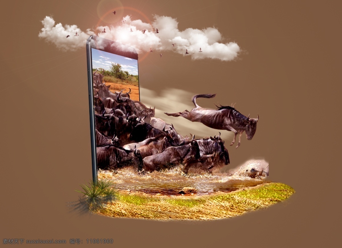 奔腾 角马 装饰 图案 合成 手机宣传海报 创意 自然 奔腾的角马