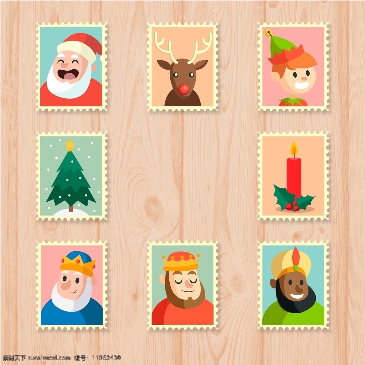 卡通 图案 彩色 圣诞 标签 圣诞树 圣诞节 圣诞老人 驯鹿 小男孩 蜡烛 国王 邮票