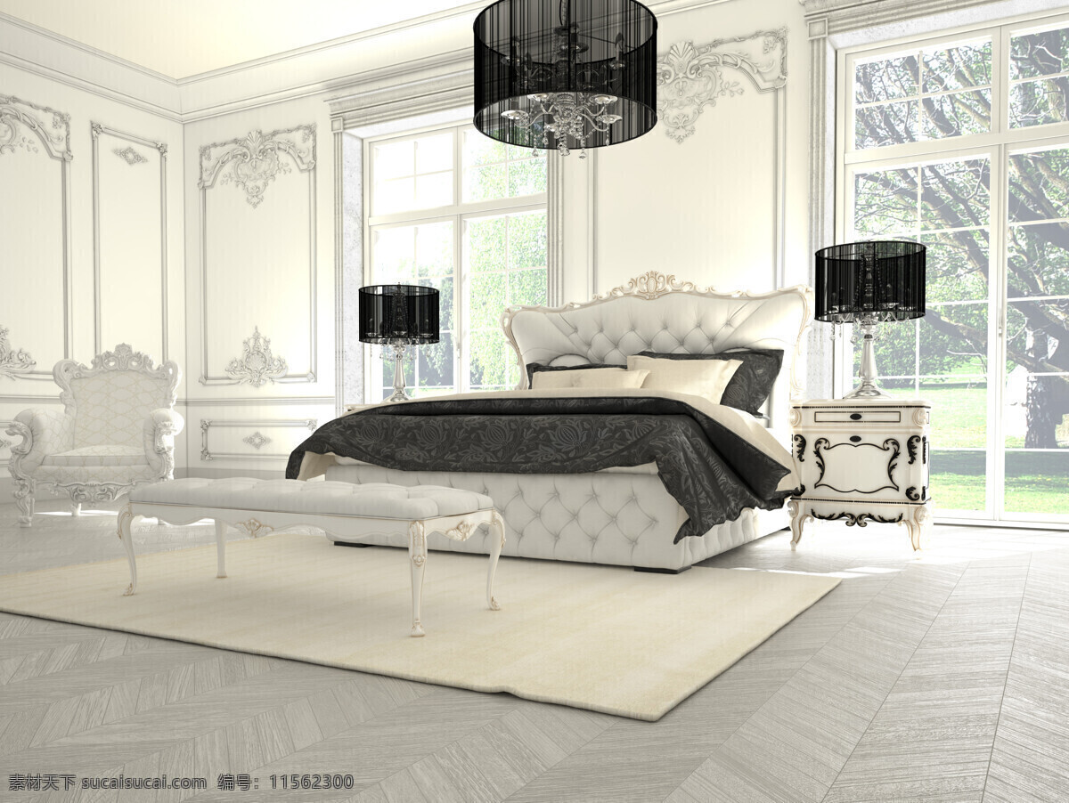 欧式 风格 卧室 欧式风格 床 吊灯 茶几 窗户 室内设计 环境家居
