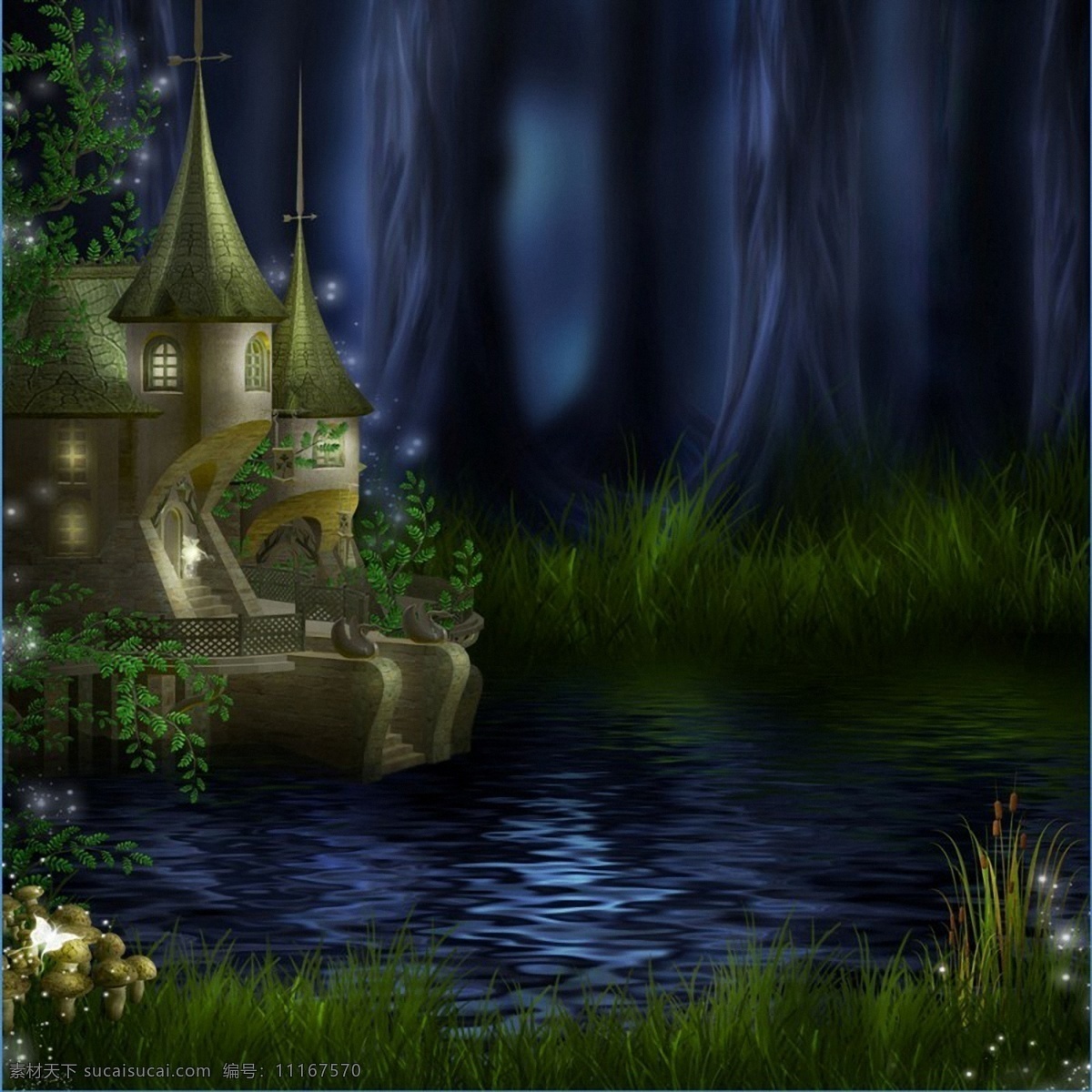 河边 梦幻 城堡 背景 河流 卡通 建筑 森林 城堡图片 风景图片