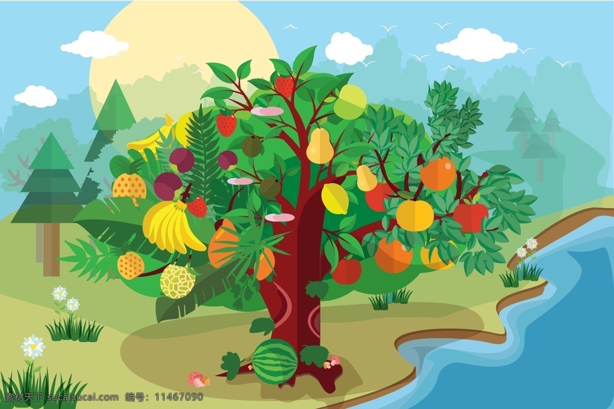 百味水果树 水果 大杂烩 树 矢量图 场景 水果大集合 扁平化 矢量图案 动漫动画