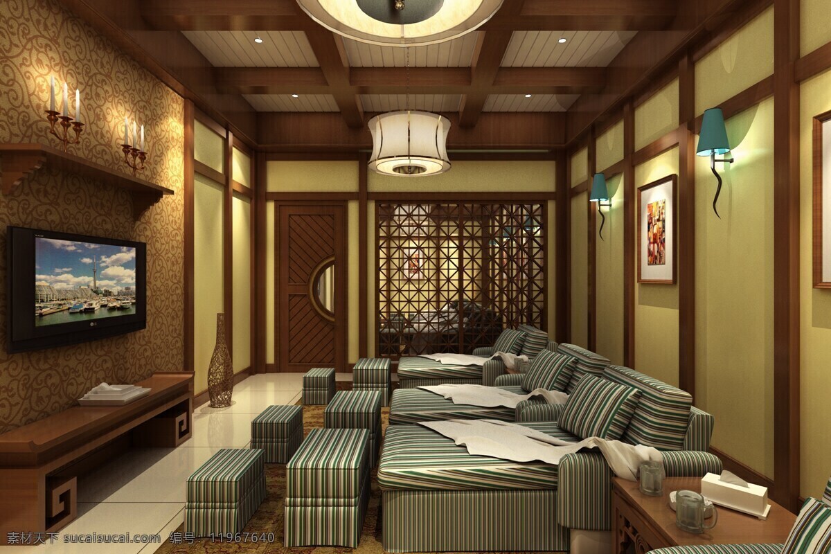 酒店包间 包间 床 木门 木隔断墙 大漠 电视 背景墙 室内设计 环境设计