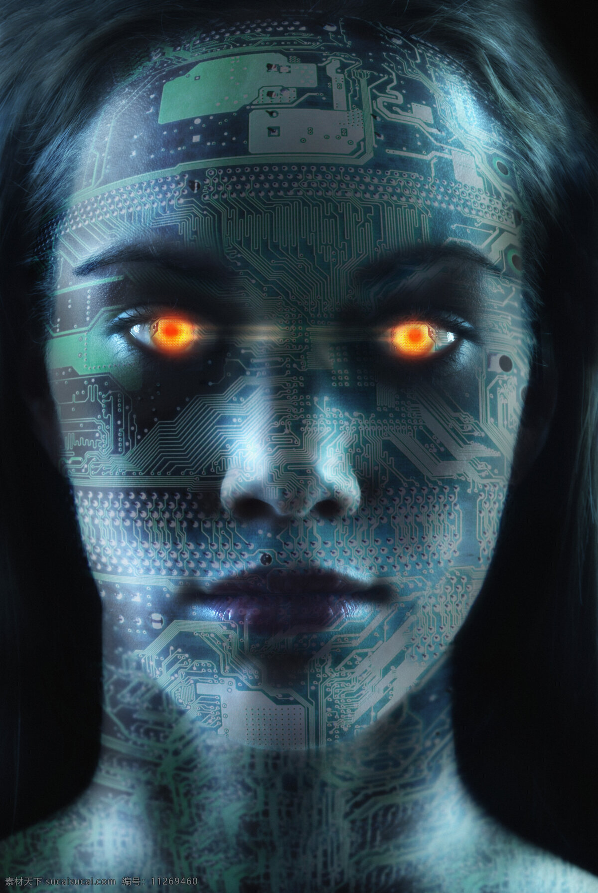 眼睛 发光 未来 女 机器人 未来科技 女性 面部 线路图 主板 电板 眼睛发光 抽象 创意 高清图片 其他类别 现代科技