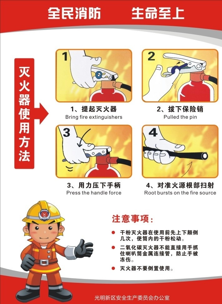 灭火器 使用方法 常用灭火器 干粉灭火器 二氧化碳 消防员 火警 火灾 矢量