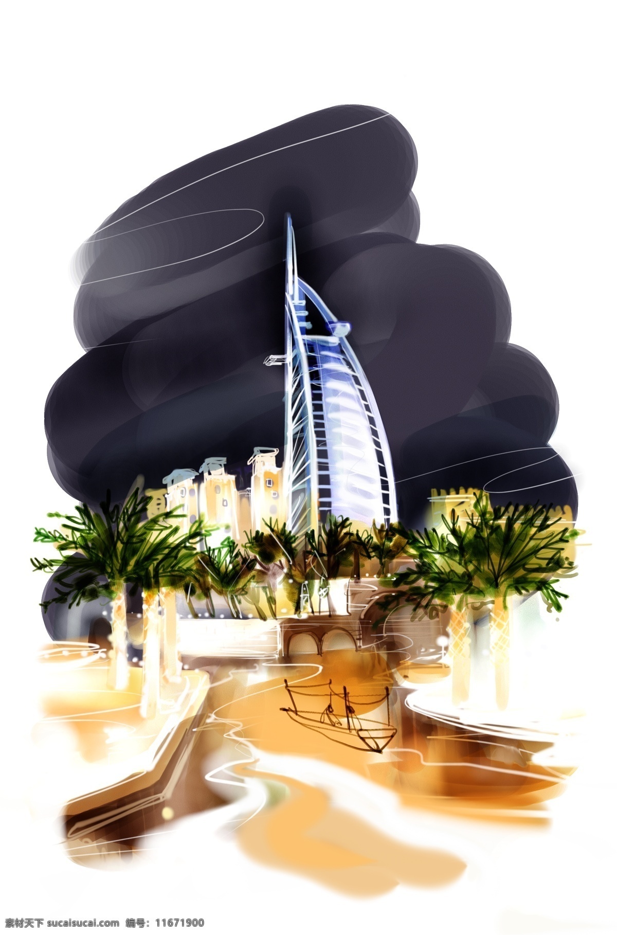 迪拜 背景 帆船酒店 手绘 素描 速写 地标 雕塑 剪影 绿色 黑色 红色 迪拜地标 地标剪影 矢量 免费 分层
