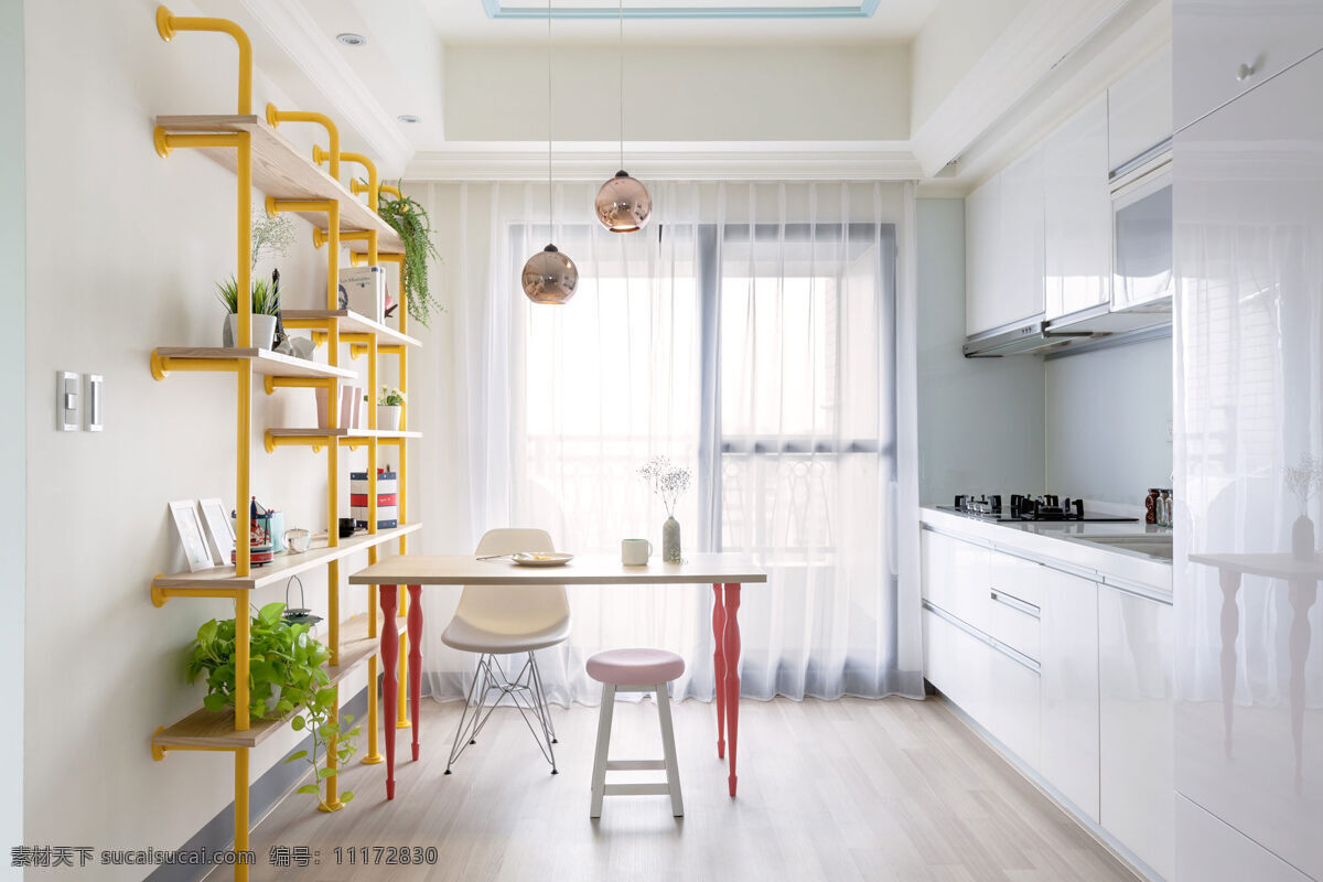 简约 开放式 厨房 木地板 装修 效果图 白色橱柜 长方形餐桌 窗户 方形吊顶 开放式厨房 桌椅