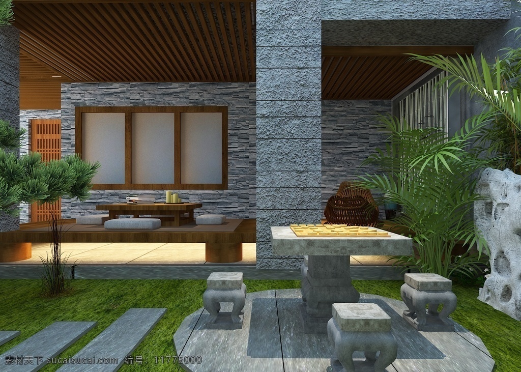 小院图片 绿化效果图 空间设计 文化石 石桌 草地 环境设计 景观设计