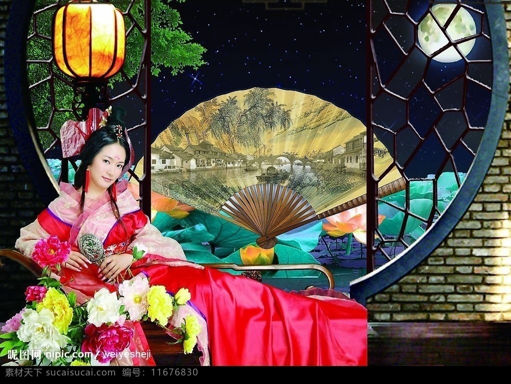 古典美女 女性 人物 牡丹 花 纸扇 江南古镇 荷花 星空 月亮 月光 月色 古灯 树 分层 源文件库