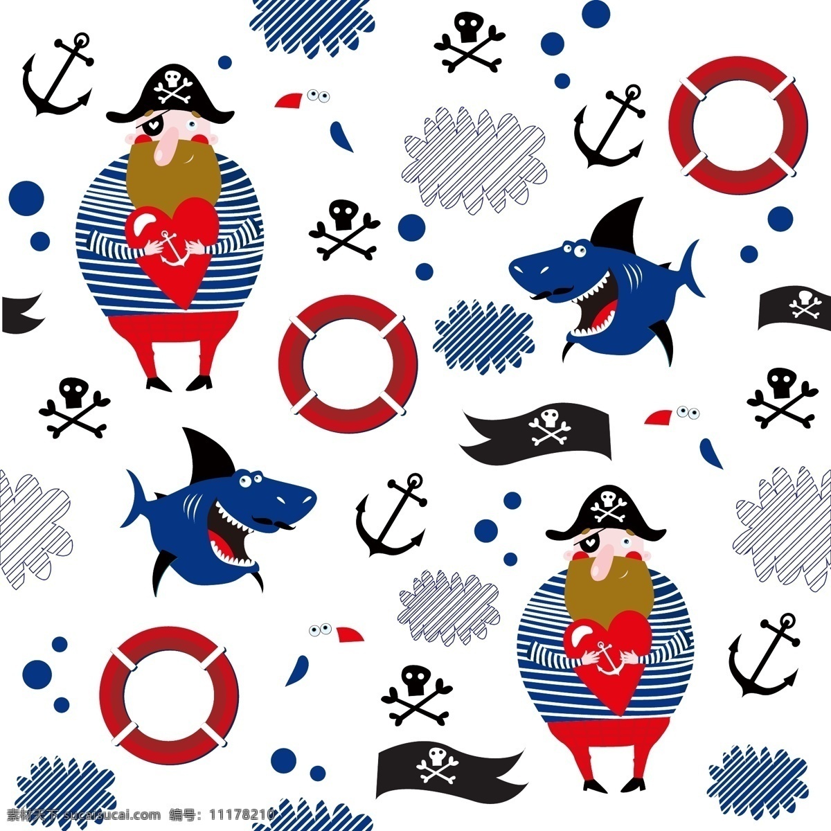 海盗与鲨鱼 海盗 鲨鱼 海怪 船锚 几何图形 求生圈 骷颅头 海星 动物 动漫动画 动漫人物