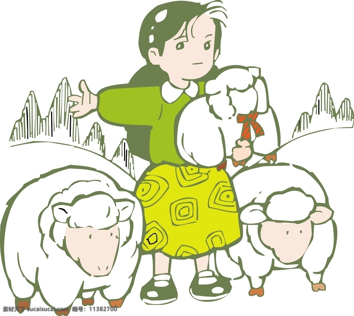 羊 小女孩 插画 卡通插画 赶羊 矢量