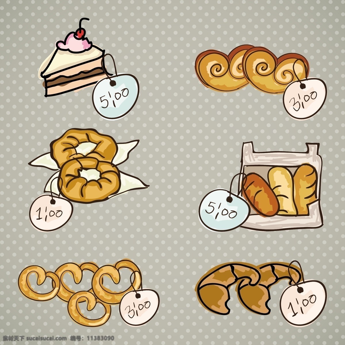 卡通 糕点 价格牌 矢量 面包 奶油蛋糕 矢量图 甜甜圈 烘培食品 牛角包 其他矢量图