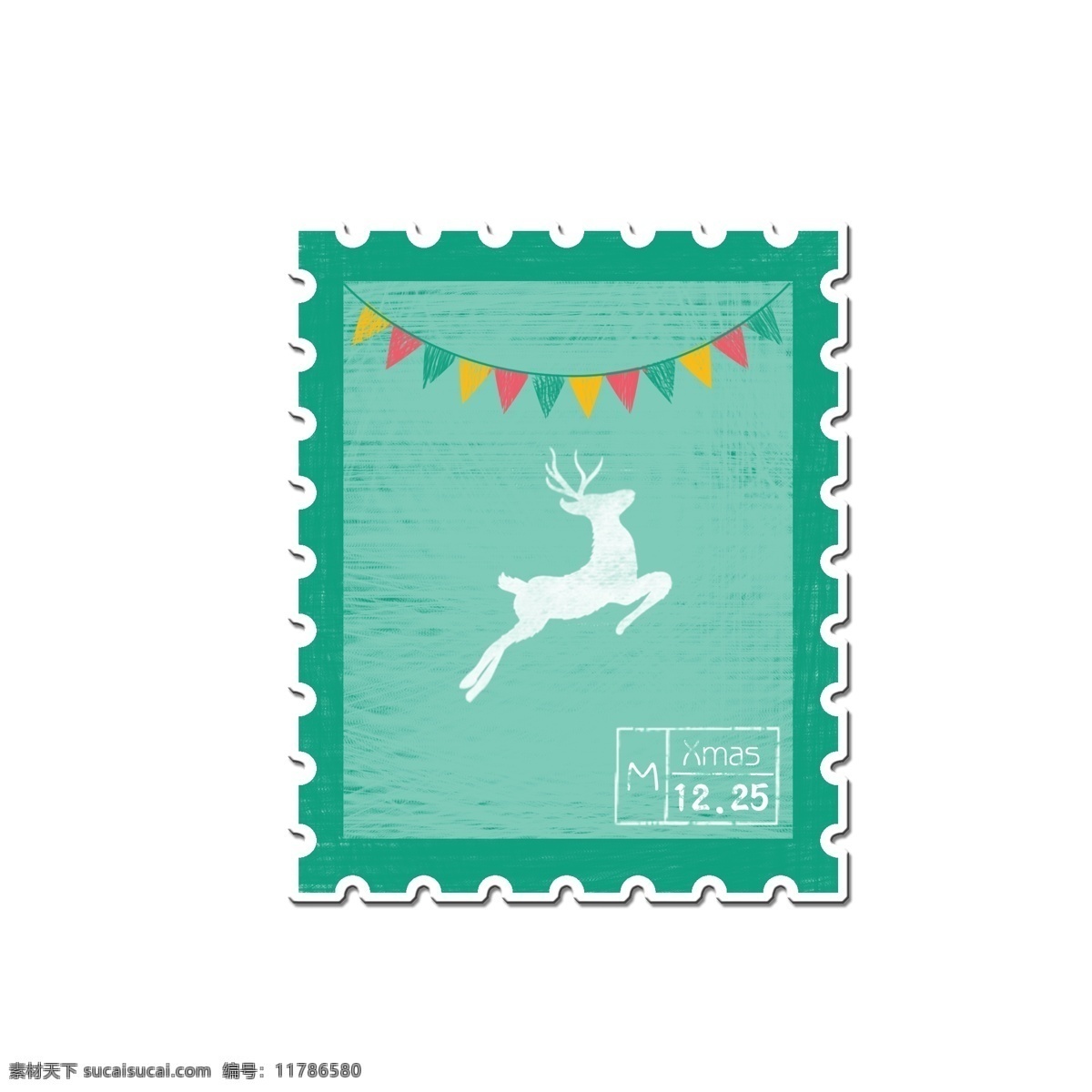 圣诞节 手绘 水彩 风 邮票 贴纸 手绘邮票 水彩风 小鹿 小彩旗 邮票贴纸
