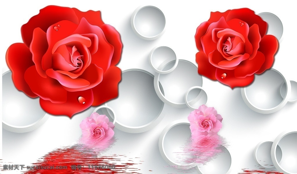 3d 倒影 玫瑰 分层 立体 圆圈 红色 牡丹 花卉 电视背景墙 背景墙系列
