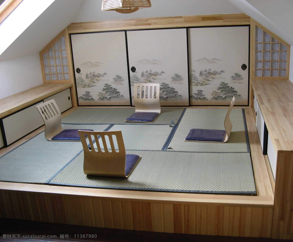 日式 复古 房间 吊灯 推拉门 坐垫 家居装饰素材 室内设计