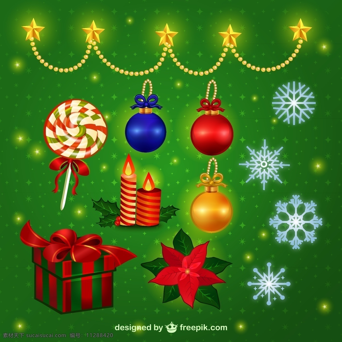精美 圣诞 装饰 挂饰 棒棒糖 蜡烛 礼包 圣诞吊球 圣诞节 矢量图 雪花 金色挂链 槲寄生 节日素材