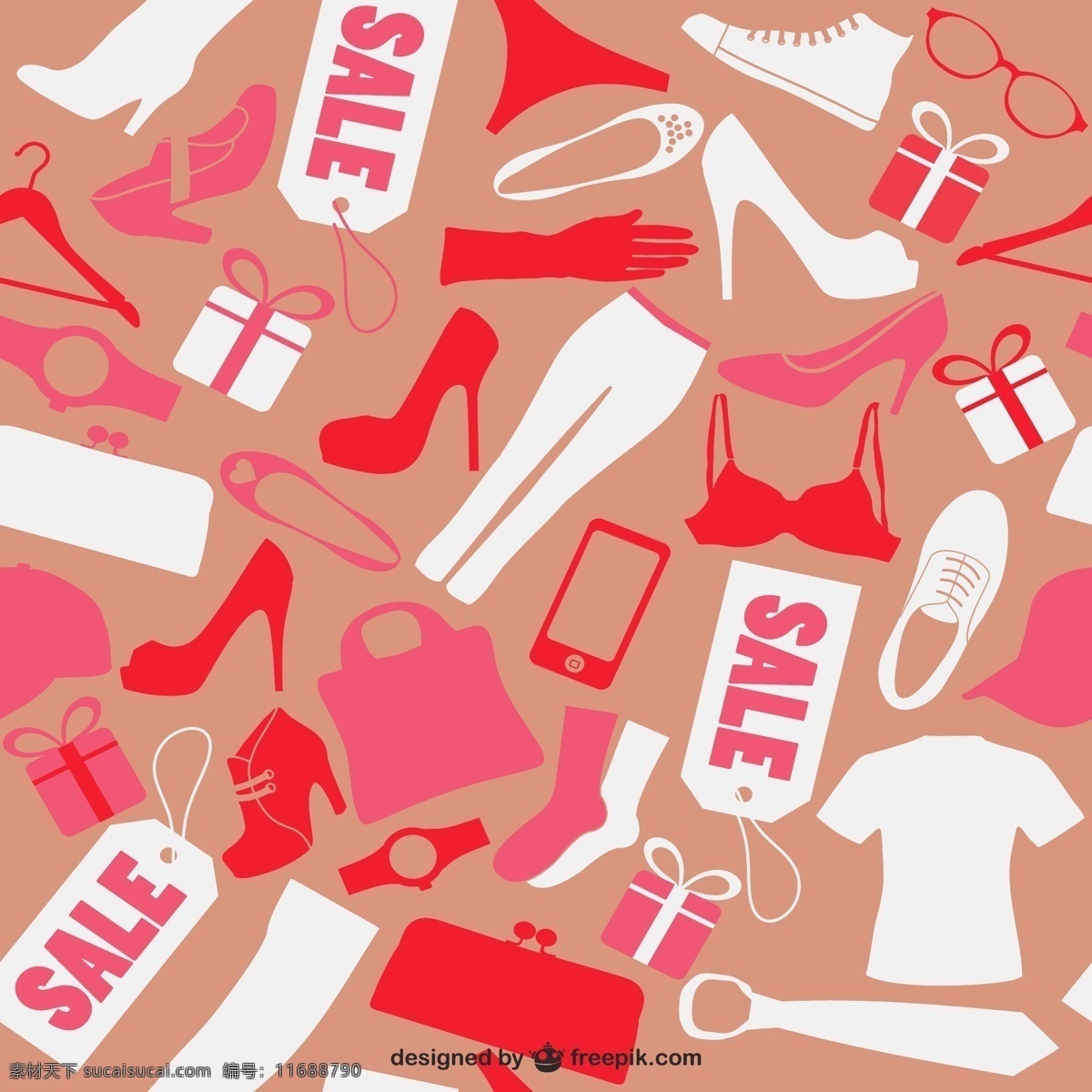 无缝服装纸样 图案 销售 时尚 标签 礼品 购物 红 粉 店 价格 鞋 领带 价格标签 插图 白色 无缝的图案 无缝