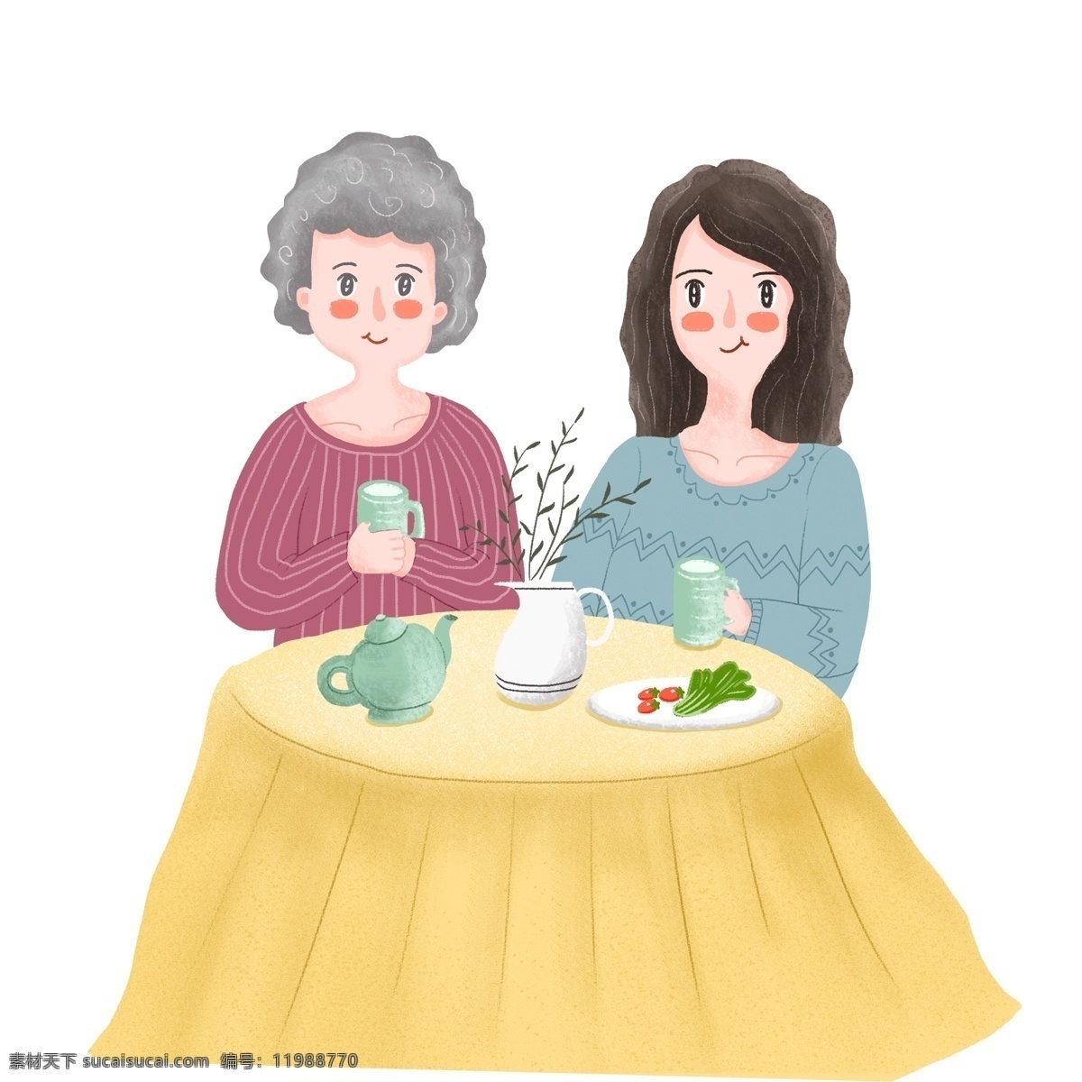 母亲节 一起 吃饭 母女 俩 温馨 场景 手绘 卡通 人物 插画