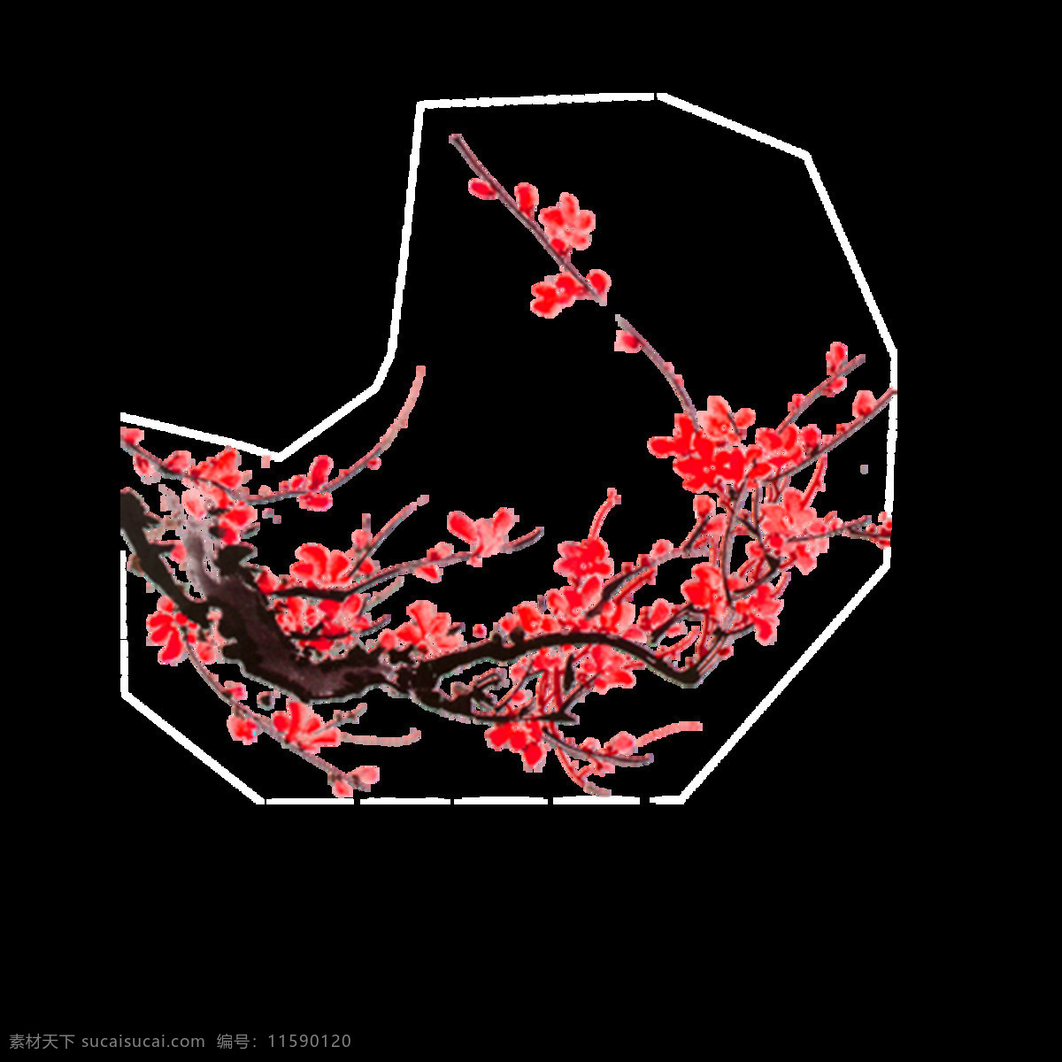 手绘梅花元素 唯美 红色 梅花 树枝元素