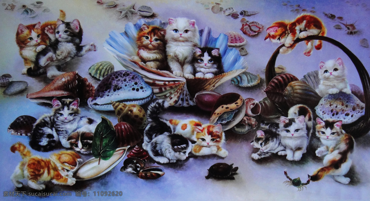 小猫 贝壳 绘画书法 可爱 猫 螃蟹 陶瓷 文化艺术 花猫 油画 写实 油画技法 淘气 竹篓 装饰素材