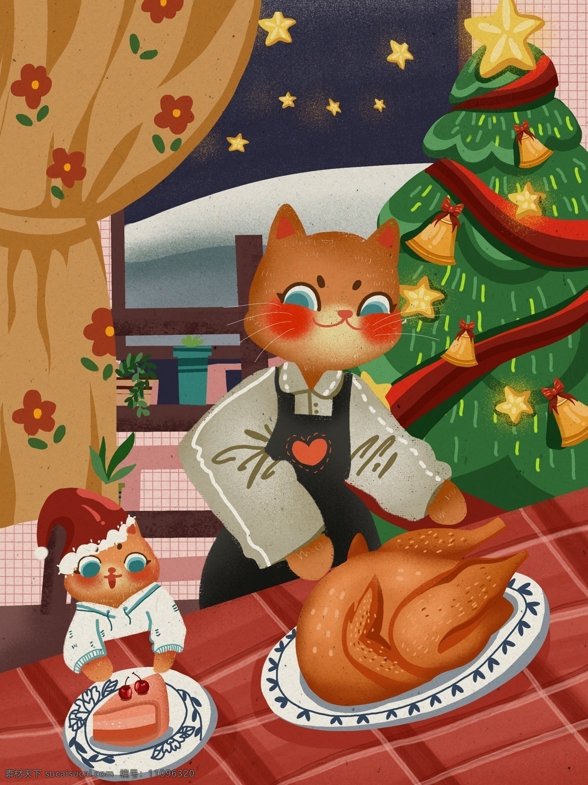 圣诞节 猫咪 妈妈 孩子 准备 大餐 温馨 可爱 插画 星星 窗帘 蛋糕 圣诞帽 圣诞树 夜晚 烤鸡