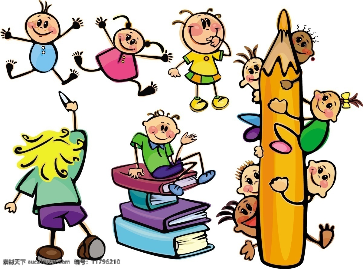 卡通 儿童 学习 主题 矢量 动画 孩子 可爱 铅笔 人物 书籍 矢量图 矢量人物