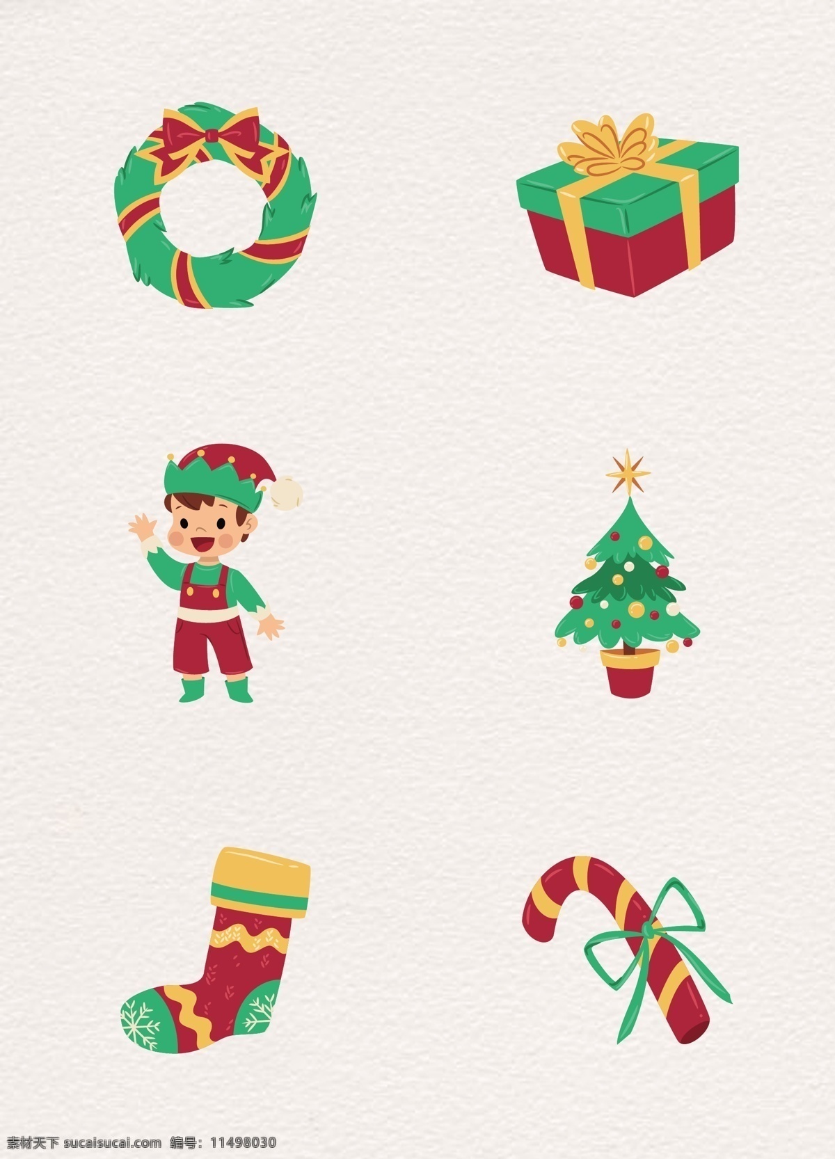 红 绿色 清新 圣诞节 元素 红色 礼盒 卡通 手绘 小男孩 圣诞树 袜子 拐杖糖果