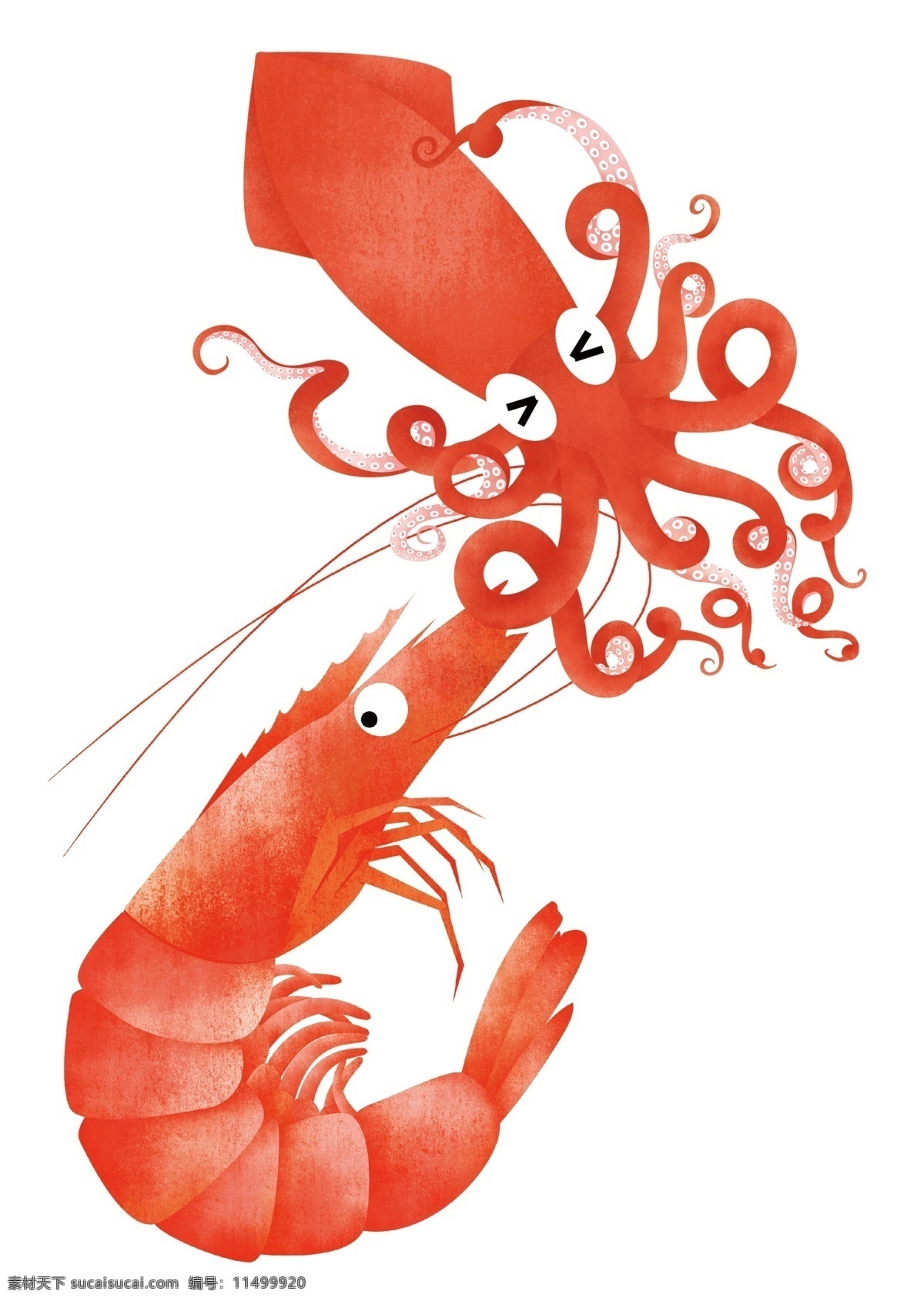手绘海鲜食材 手绘鱿鱼 手绘虾 卡通 可爱卡通 手绘海鲜食物 虾干 鱿鱼干 设计图 分层