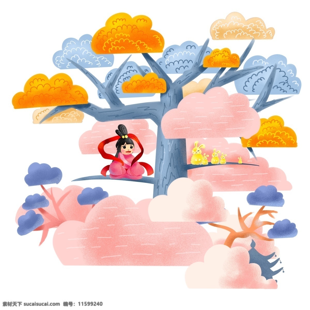 中秋节 坐 月桂 树上 云端 嫦娥 玉兔 大型 场景 插画 节日 海报素材 云海 月桂树 手绘