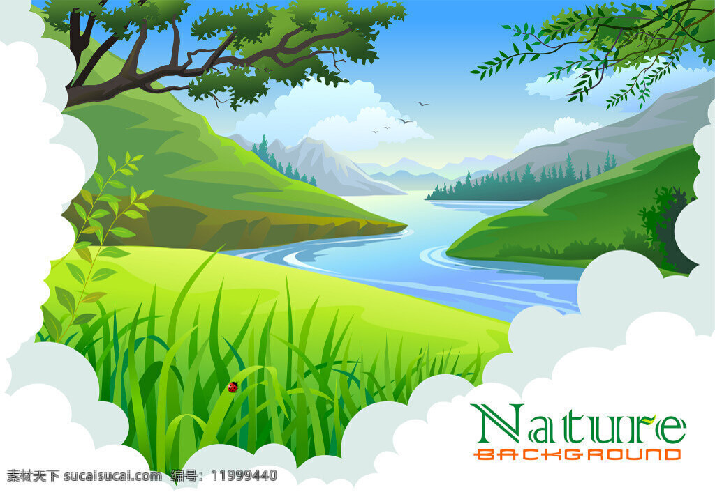 卡通风景图 卡通 自然风景 eps格式 草 风景 湖水 森林 矢量素材 树木 自然景观 白色