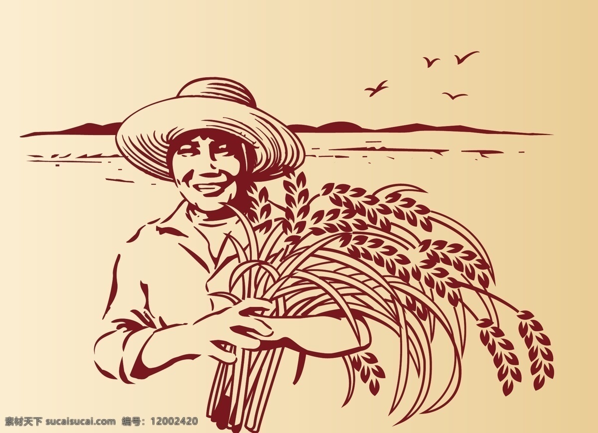 农妇 农民 大妈 女性 戴草帽 水稻 抱着水稻 稻田 丰收 收获 笑容 大米 笑脸 手绘 人物图库 女性妇女
