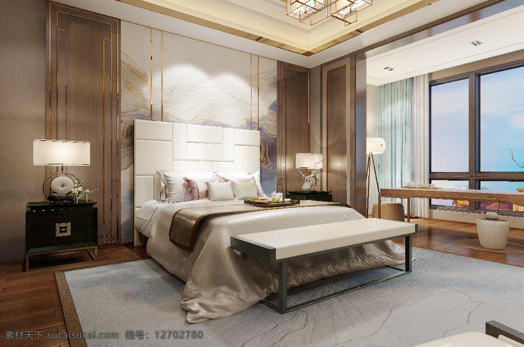 新 中式 风格 奢华 卧室 效果图 时尚 大气 背景墙 3d 新中式 温馨 舒适