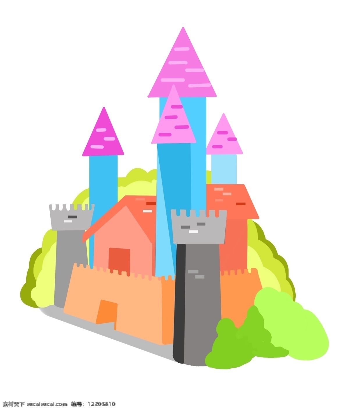 粉色 建筑 城堡 插画 粉色的房顶 卡通插画 城堡插画 建筑插画 房子插画 古老城堡 绿色的小草