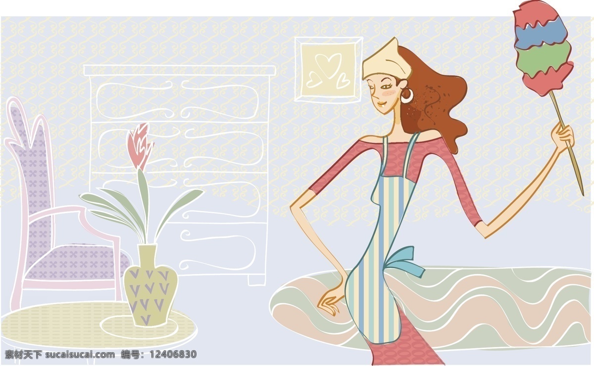 时尚 美女 打扫 家务 背心 地毯 花瓶 卷发 卡通背景 可爱 女人 女性 时尚矢量 休闲 人物 漂亮 客厅书房 性感 手绘 围裙 发带耳环 沙发 矢量图 矢量人物
