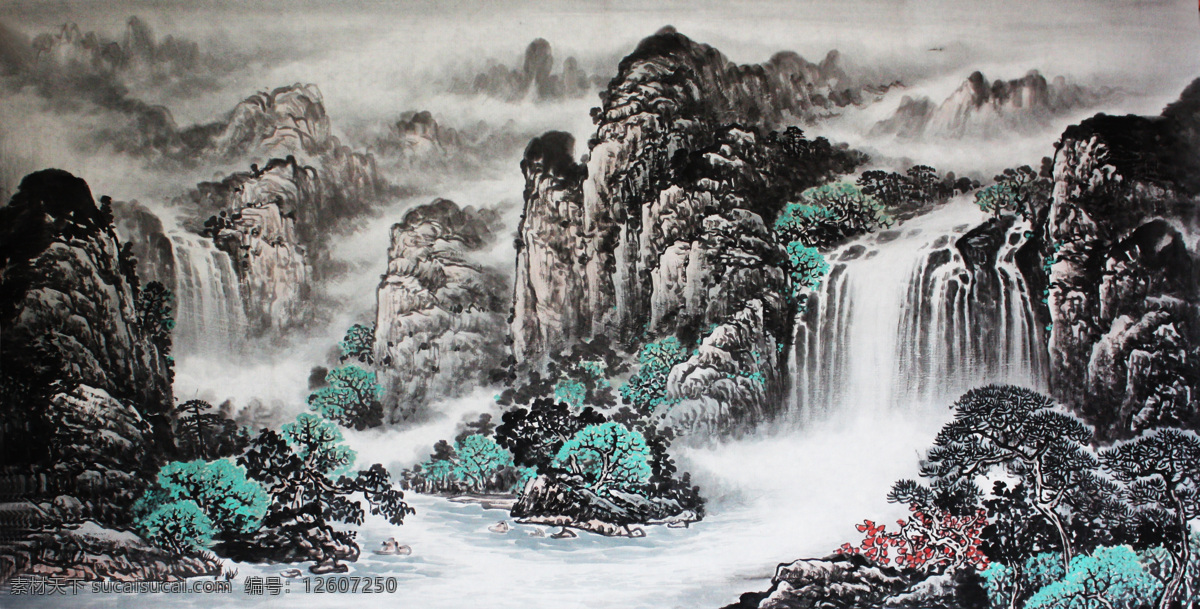 房子 风景画 国画 国画山水画 河流 绘画书法 客厅装饰画 瀑布 春景 山水画 设计素材 模板下载 装饰画 春景画 小船 文化艺术 装饰素材 山水风景画