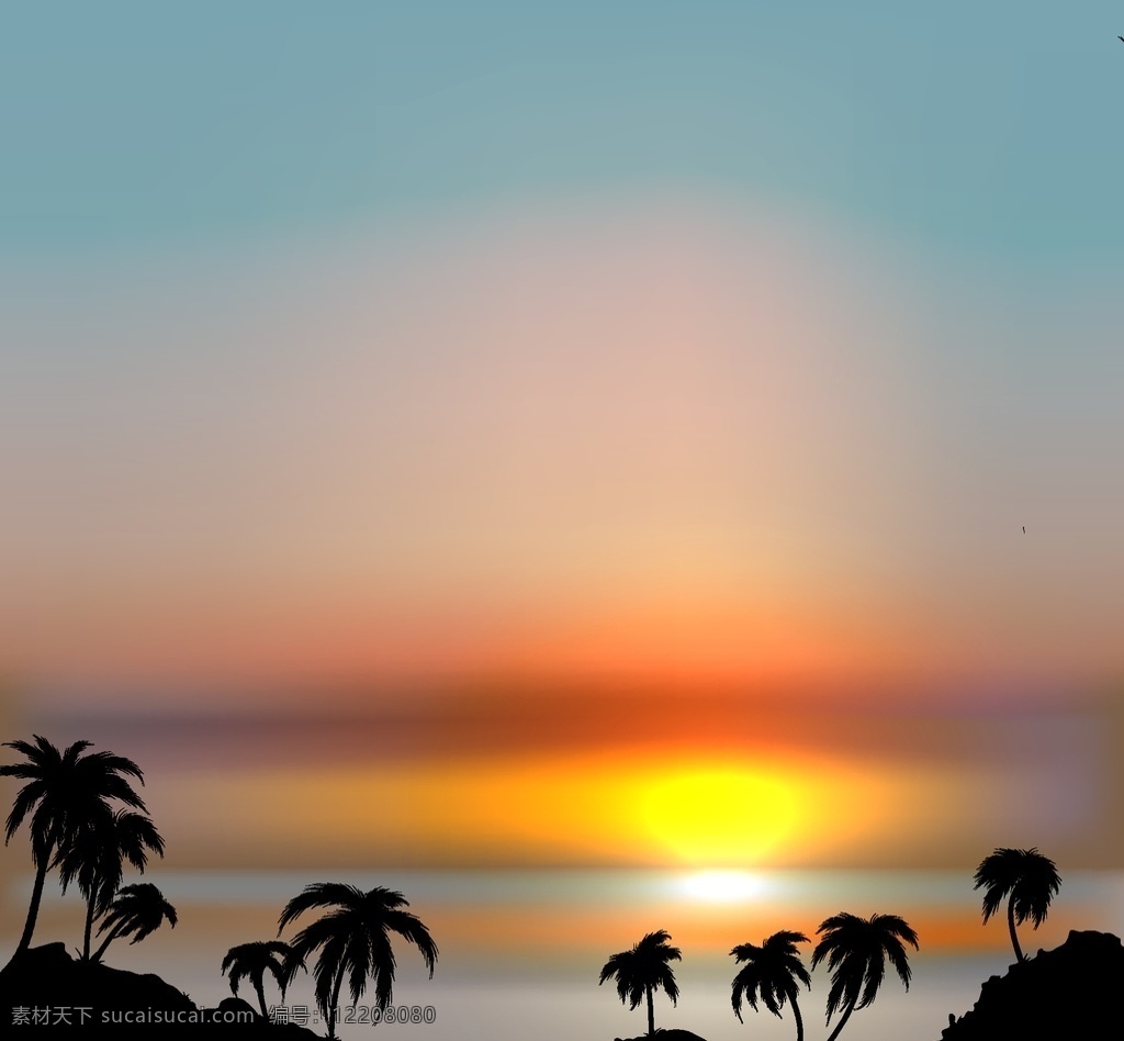 小岛 日出 夕阳 背景 海报 卡通 唯美 太阳 阳光 椰子树 风景 美景 剪影 分层 背景素材