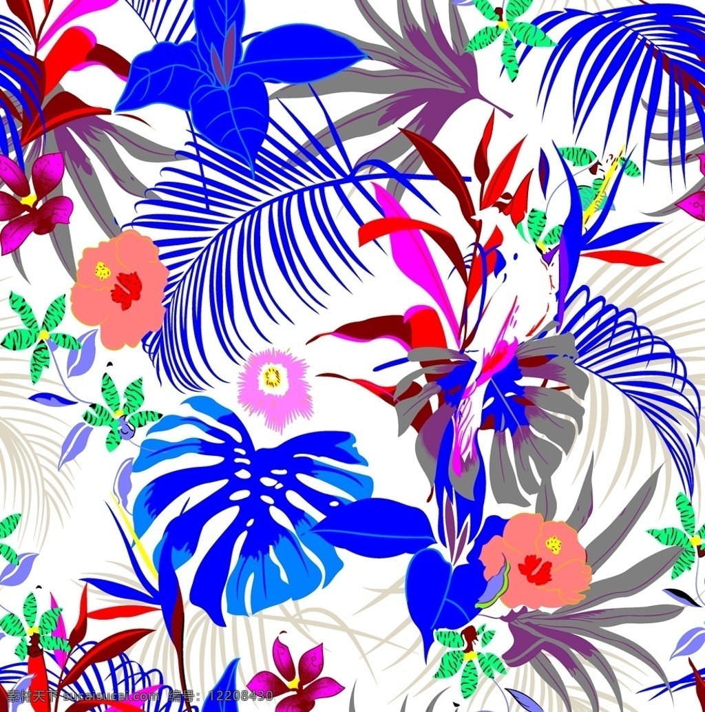 手绘 多叶花 多色 热带植物 大花 数码印花 热转印