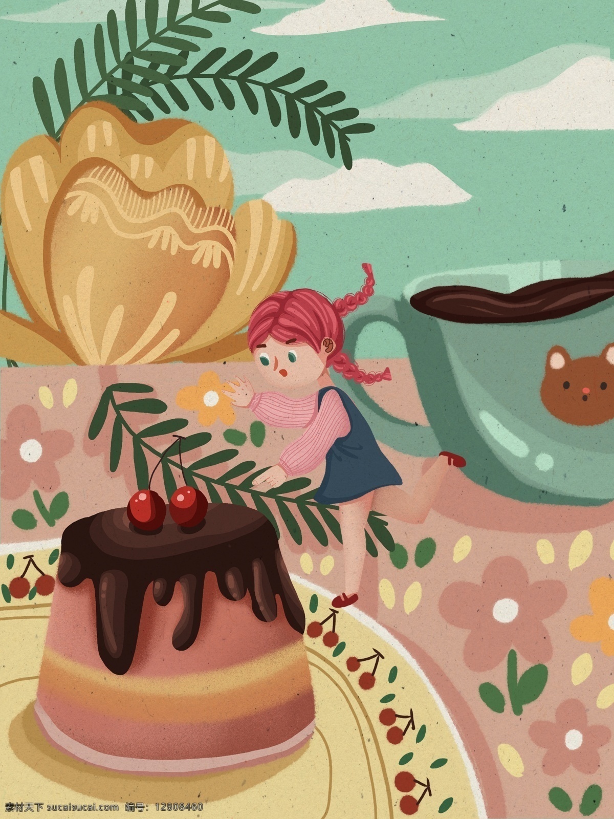 早安 你好 小女孩 站 甜品 台上 搞 怪 可爱 插画 碎花 植物 花卉 蛋糕 早安你好 女孩 少女 咖啡 马卡龙色 巧克力
