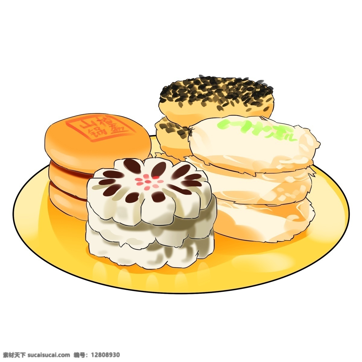 卡通 手绘 新年 美食 糕点 年糕 新年年糕 新年美食 2019年 猪年 碟子 芝麻糕 点心 美味食物 美味年糕