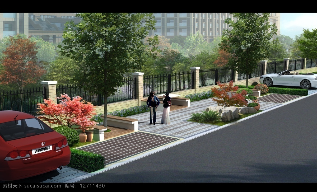 道 路边 节点 效果图 道路 绿化 景观 小品 围墙 休闲桌椅 景观效果图 环境设计 景观设计