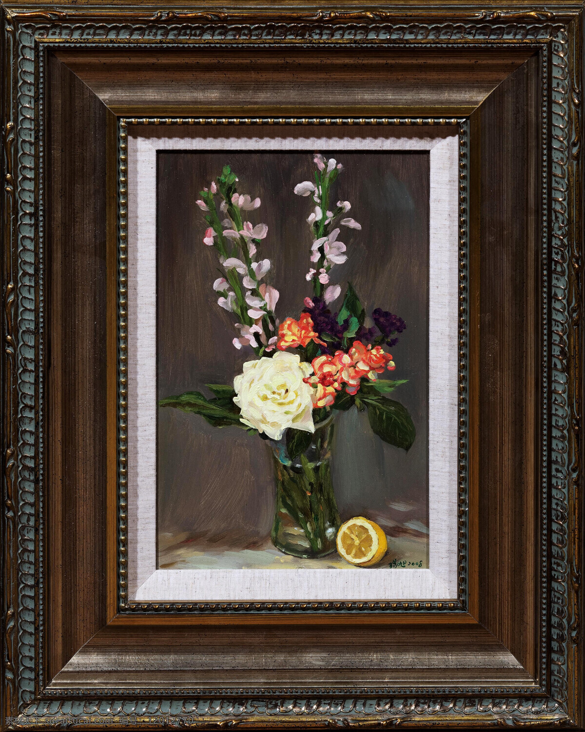 花卉 静物 花朵 花卉静物 花瓶 画框 绘画 绘画书法 美术 油画 静物画 柠檬 油画艺术 文化艺术 装饰素材
