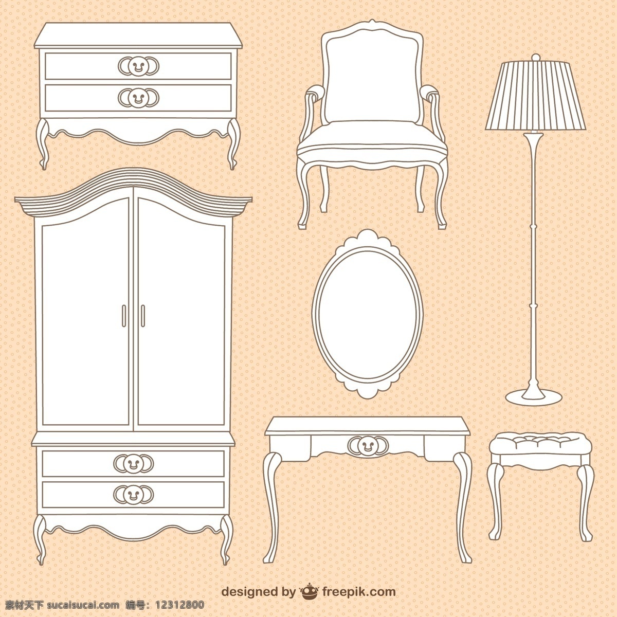 白色 家具设计 矢量 家具 椅子 落地灯 梳妆台 衣柜 柜子 矢量图