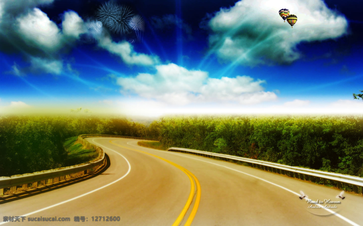 高速公路合成 高速公路 蓝天 白云 热气球 黄色的公路 绿色的植物