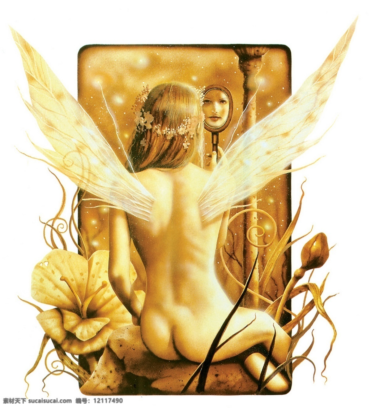 插画 插图 翅膀 动漫 绘画书法 精灵 镜子 美女 照镜子的仙女 背 仙女 欧洲 神话 童话 文化艺术 插画集